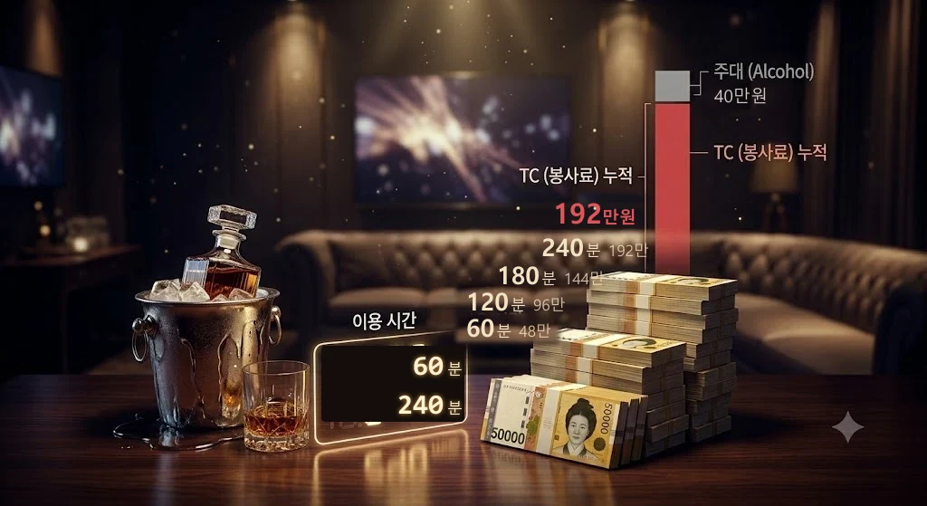 4시간이면 TC만 192만원, 주대는 40만원. 총액의 8할이 TC다 (4명·0부 기준, 연출 이미지).