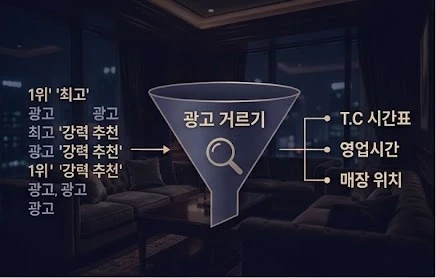 "1위", "강력 추천" 같은 말은 걸러 내고, TC 시간표·영업시간·위치만 남긴다 (연출 이미지).