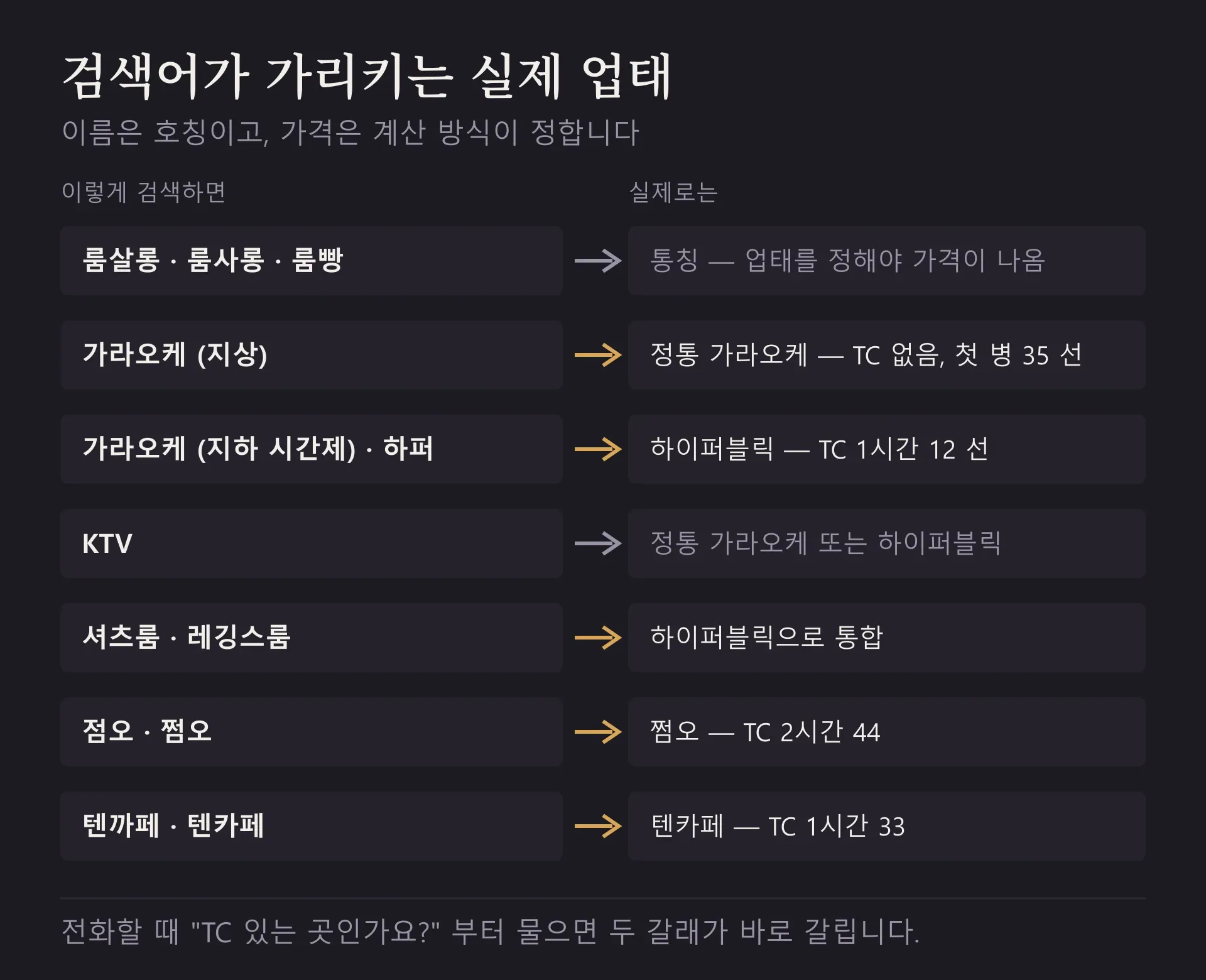 검색어가 가리키는 실제 업태. 가라오케는 지상(정통, TC 없음)과 지하(하이퍼블릭, 시간제)로 갈린다.